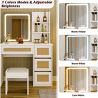 Vanity Desk, Makeup Vanity - Rattan Table with Adjustable LED Light & Mirror, 4 Drawers, 2-Tier Open Shelves, Large Storage for Bedroom (White)