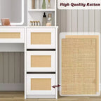 Vanity Desk, Makeup Vanity - Rattan Table with Adjustable LED Light & Mirror, 4 Drawers, 2-Tier Open Shelves, Large Storage for Bedroom (White)