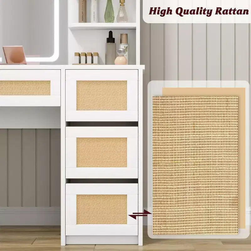 Vanity Desk, Makeup Vanity - Rattan Table with Adjustable LED Light & Mirror, 4 Drawers, 2-Tier Open Shelves, Large Storage for Bedroom (White)