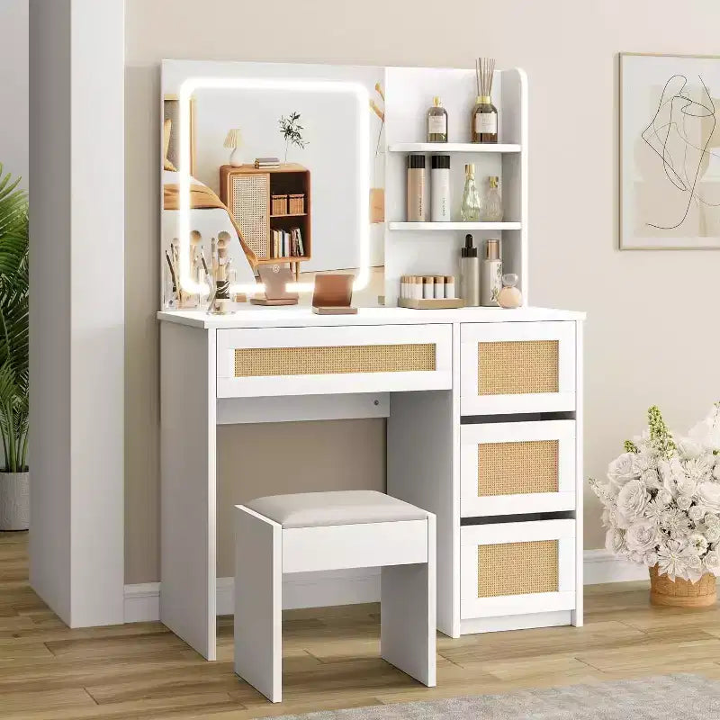 Vanity Desk, Makeup Vanity - Rattan Table with Adjustable LED Light & Mirror, 4 Drawers, 2-Tier Open Shelves, Large Storage for Bedroom (White)