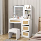 Vanity Desk, Makeup Vanity - Rattan Table with Adjustable LED Light & Mirror, 4 Drawers, 2-Tier Open Shelves, Large Storage for Bedroom (White)