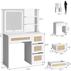 Vanity Desk, Makeup Vanity - Rattan Table with Adjustable LED Light & Mirror, 4 Drawers, 2-Tier Open Shelves, Large Storage for Bedroom (White)
