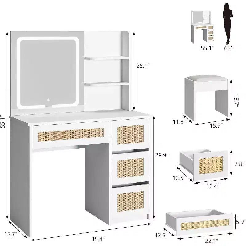 Vanity Desk, Makeup Vanity - Rattan Table with Adjustable LED Light & Mirror, 4 Drawers, 2-Tier Open Shelves, Large Storage for Bedroom (White)