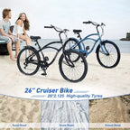 NAYSAYE 7 Speed Beach Cruiser Bike for Women 26 Inch Steel Frame for Comfortable City Rides, Blue, 69.96*28.32*43.2