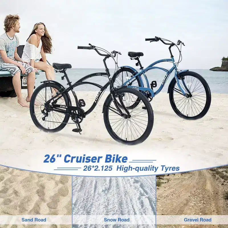 NAYSAYE 7 Speed Beach Cruiser Bike for Women 26 Inch Steel Frame for Comfortable City Rides, Blue, 69.96*28.32*43.2