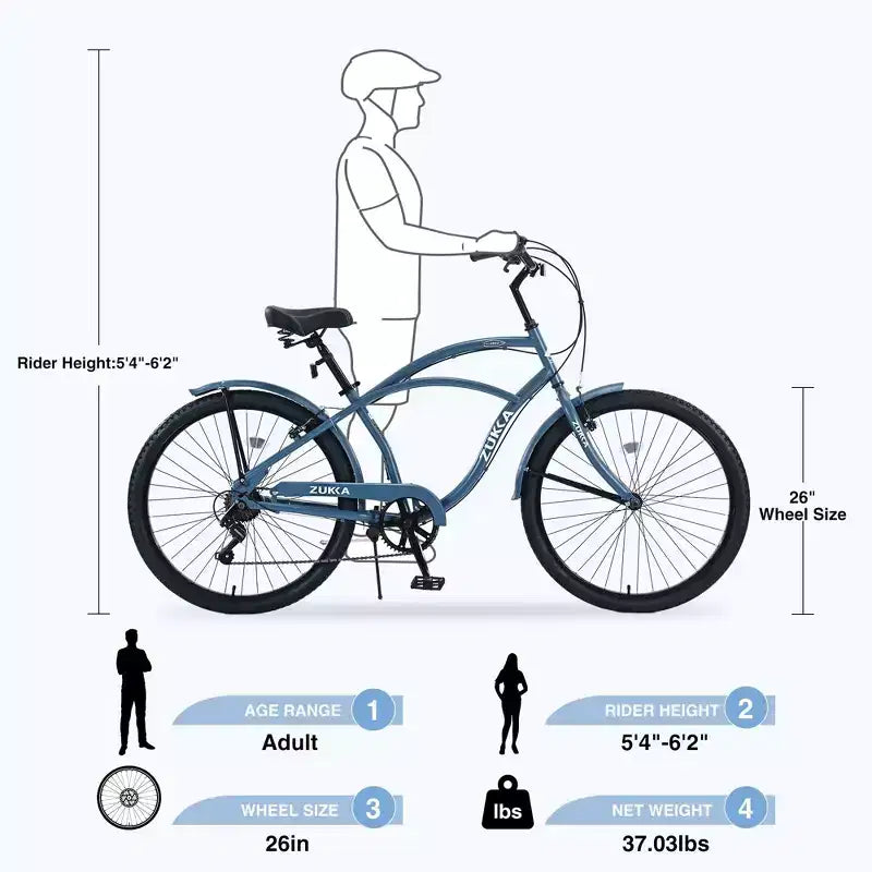 NAYSAYE 7 Speed Beach Cruiser Bike for Women 26 Inch Steel Frame for Comfortable City Rides, Blue, 69.96*28.32*43.2