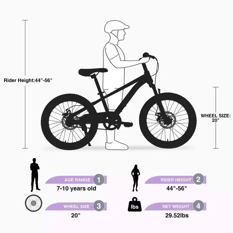 NAYSAYE Bici Mountain Bike con telaio in acciaio resistente e forcella ammortizzata per bambini, per uso esterno, Viola, 54.33*22.44*32.48