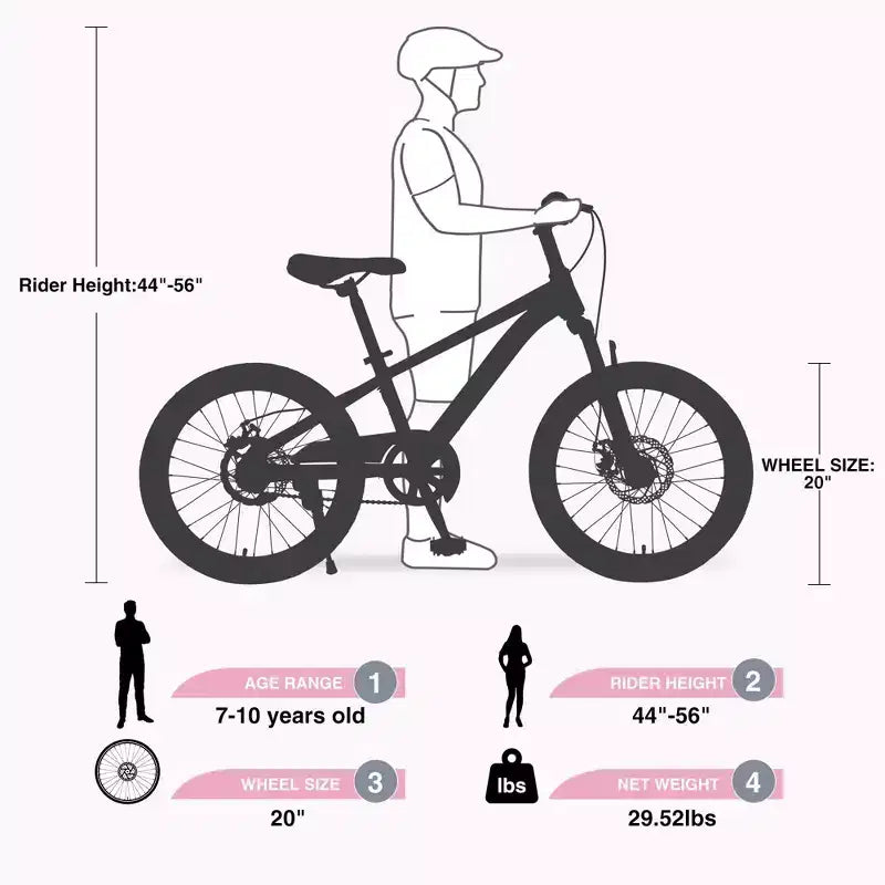 Mountain bike NAYSAYE 20 pollici MTB con sella regolabile e doppi freni a disco per avventure all'aperto, rosa, 54,33*22,44*32,48
