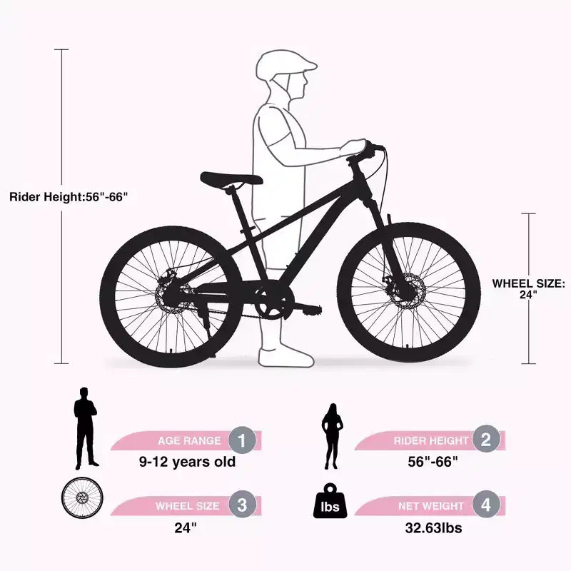 NAYSAYE Bicycle Mountain Bike Durable Steel Frame with Suspension for Kids Outdoor Riding, Pink, 63.78*24.8*37.2