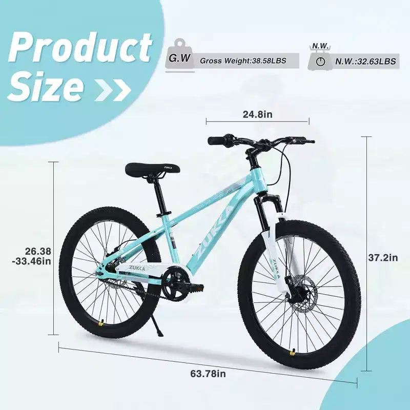 NAYSAYE Bicicletta Mountain Bike per Bambini da 24 Pollici con Forcella Ammortizzata, Telaio in Acciaio, per Bambini dai 9 ai 12 Anni, Ciano, 63,78*24,8*37,2