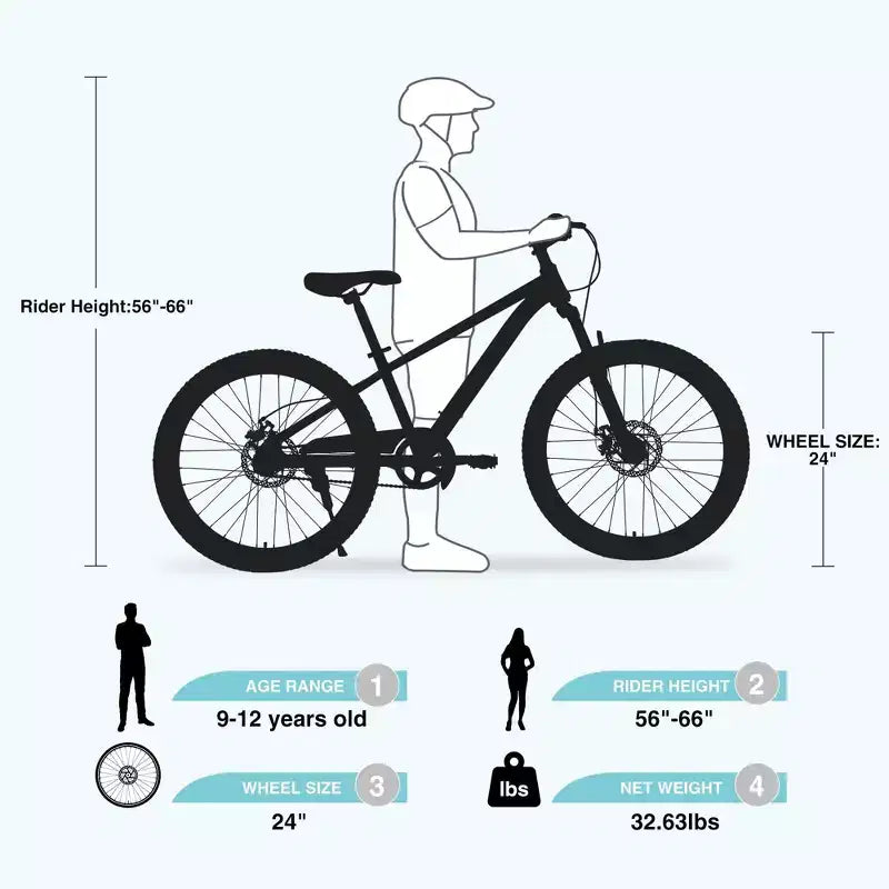 NAYSAYE Bicicletta Mountain Bike per Bambini da 24 Pollici con Forcella Ammortizzata, Telaio in Acciaio, per Bambini dai 9 ai 12 Anni, Ciano, 63,78*24,8*37,2