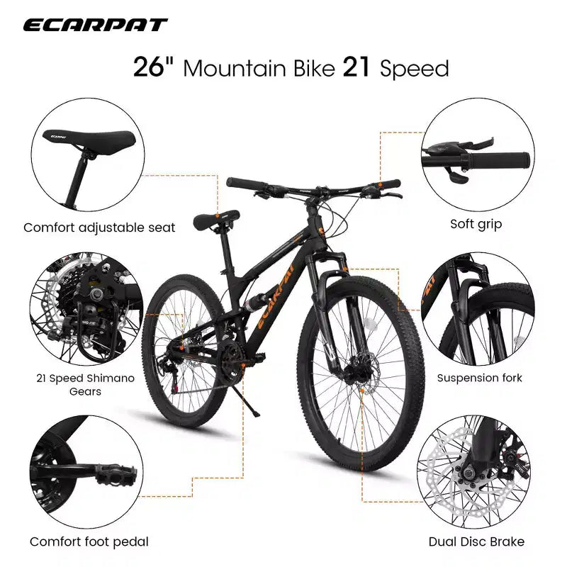 NAYSAYE Bicycle 26 Inch Steel Frame 21 Speed Mountain Bike with Dual Suspension Adult Bike for Outdoor Riding, Black, 67*25*40