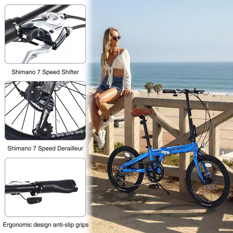 NAYSAYE Bicicletta Pieghevole da Città da 20 Pollici Telaio Leggero in Alluminio a 7 Velocità per Pendolarismo e Viaggi, Blu, 57.09*24.8*39.37