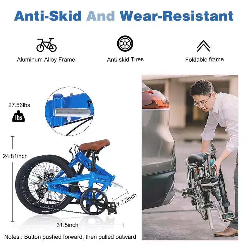NAYSAYE Bicicletta Pieghevole da Città da 20 Pollici Telaio Leggero in Alluminio a 7 Velocità per Pendolarismo e Viaggi, Blu, 57.09*24.8*39.37