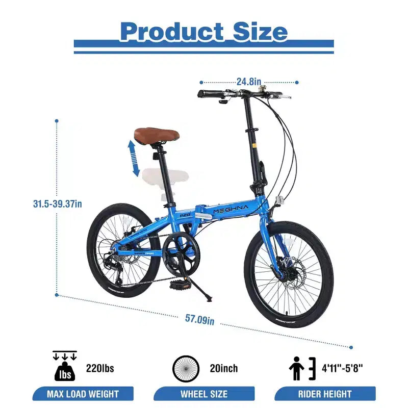 NAYSAYE Bicicletta Pieghevole da Città da 20 Pollici Telaio Leggero in Alluminio a 7 Velocità per Pendolarismo e Viaggi, Blu, 57.09*24.8*39.37