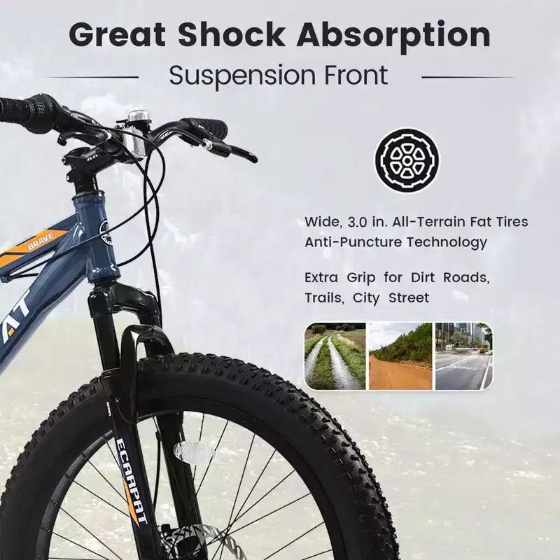 NAYSAYE 24 Inch Fat Tire Mountain Bike with 7 Speed Shifter Dual Disc Brake for Adults and Youth, Gray, 67*25*40