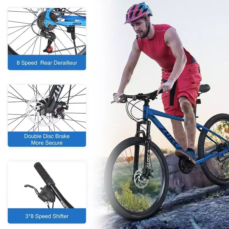 NAYSAYE 26 Inch Mountain Bike Steel Frame 24 Speed Suspension Fork Adult Bike for Outdoor Adventure, Blue, 65.75*24.41*37