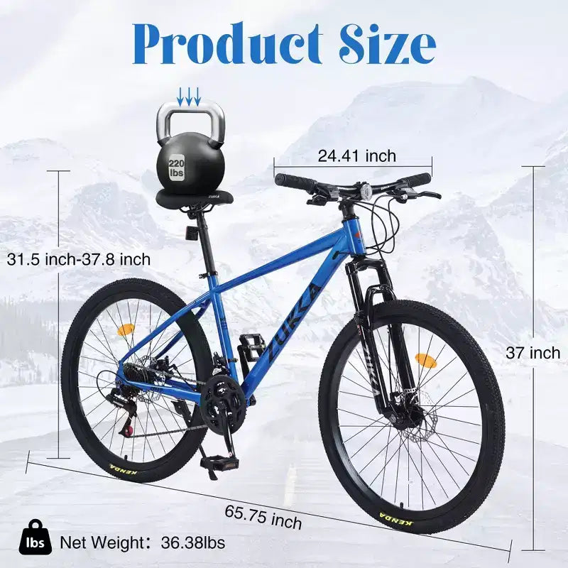 NAYSAYE 26 Inch Mountain Bike Steel Frame 24 Speed Suspension Fork Adult Bike for Outdoor Adventure, Blue, 65.75*24.41*37
