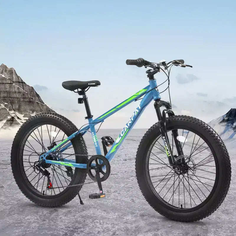NAYSAYE Bicicletta Mountain Bike con Pneumatici Fat da 24 Pollici con Cambio a 7 Velocità, Doppio Freno a Disco per Adulti e Ragazzi, Blu e Verde, 67*25*40