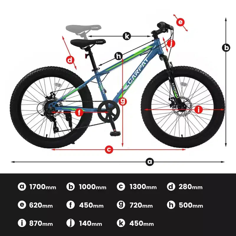 NAYSAYE Bicicletta Mountain Bike con Pneumatici Fat da 24 Pollici con Cambio a 7 Velocità, Doppio Freno a Disco per Adulti e Ragazzi, Blu e Verde, 67*25*40