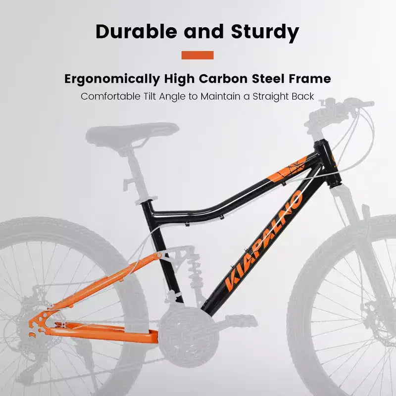 Bicicletta NAYSAYE Mountain Bike da 26 Pollici con Telaio in Acciaio, 21 velocità, Forcella Ammortizzata e Freni a Disco per Unisex, Nero e Arancio, 55.91*7.88*28.74