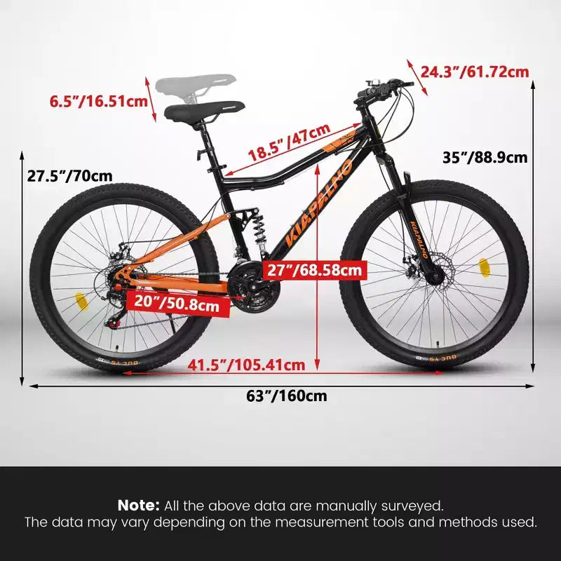 Bicicletta NAYSAYE Mountain Bike da 26 Pollici con Telaio in Acciaio, 21 velocità, Forcella Ammortizzata e Freni a Disco per Unisex, Nero e Arancio, 55.91*7.88*28.74