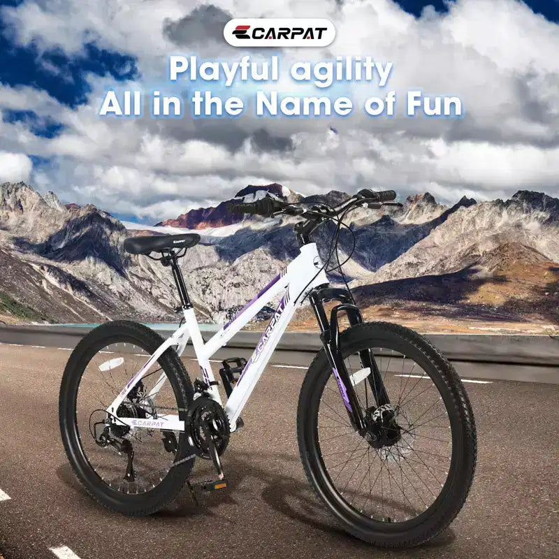 NAYSAYE Bicicletta Mountain Bike da 24 pollici con cambio a 21 velocità e doppi freni a disco per adolescenti e donne, bianco, 66*24.8*35