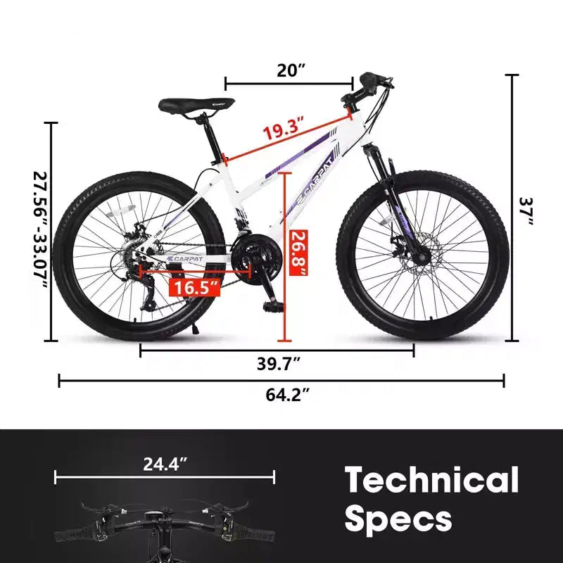 NAYSAYE Bicicletta Mountain Bike da 24 pollici con cambio a 21 velocità e doppi freni a disco per adolescenti e donne, bianco, 66*24.8*35