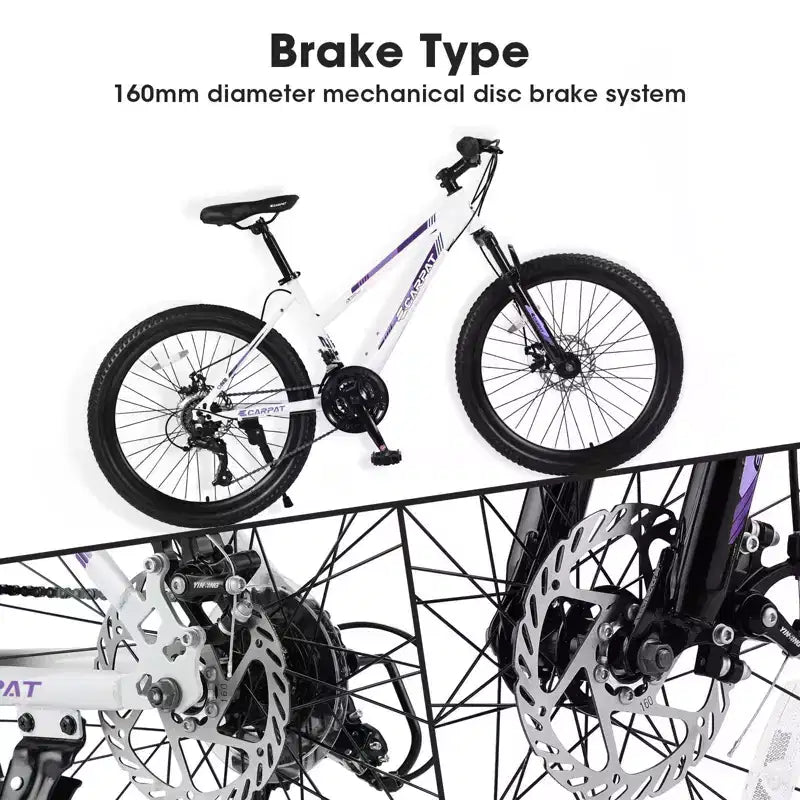 NAYSAYE Bicicletta Mountain Bike da 24 pollici con cambio a 21 velocità e doppi freni a disco per adolescenti e donne, bianco, 66*24.8*35
