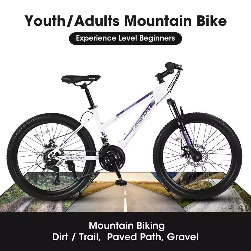NAYSAYE Bicicletta Mountain Bike da 24 pollici con cambio a 21 velocità e doppi freni a disco per adolescenti e donne, bianco, 66*24.8*35