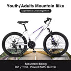 NAYSAYE Bicicletta Mountain Bike da 24 pollici con cambio a 21 velocità e doppi freni a disco per adolescenti e donne, bianco, 66*24.8*35
