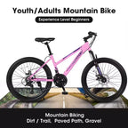 Bicicletta NAYSAYE Mountain Bike da 26 pollici con cambio a 21 velocità Freni a doppio disco per adolescenti e donne, rosa, 65*24.8*37.4