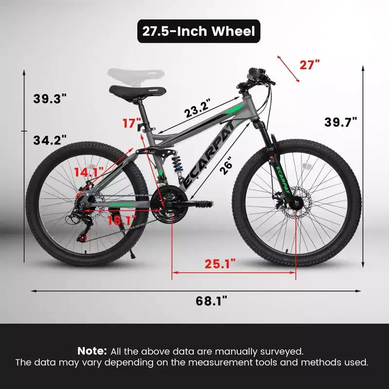 Bicicletta NAYSAYE 27,5 pollici Mountain Bike biammortizzata 21 velocità con doppio ammortizzatore per uomo e donna, grigia, 68,1*27*39,7