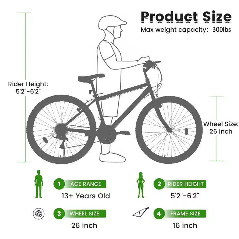 Bicicletta da montagna NAYSAYE da 26 pollici con telaio in acciaio al carbonio, 21 velocità, doppi freni a V per adulti e adolescenti per escursioni su sentiero, nero e verde, 69,57*27*39