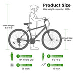 Bicicletta da montagna NAYSAYE da 26 pollici con telaio in acciaio al carbonio, 21 velocità, doppi freni a V per adulti e adolescenti per escursioni su sentiero, nero e verde, 69,57*27*39