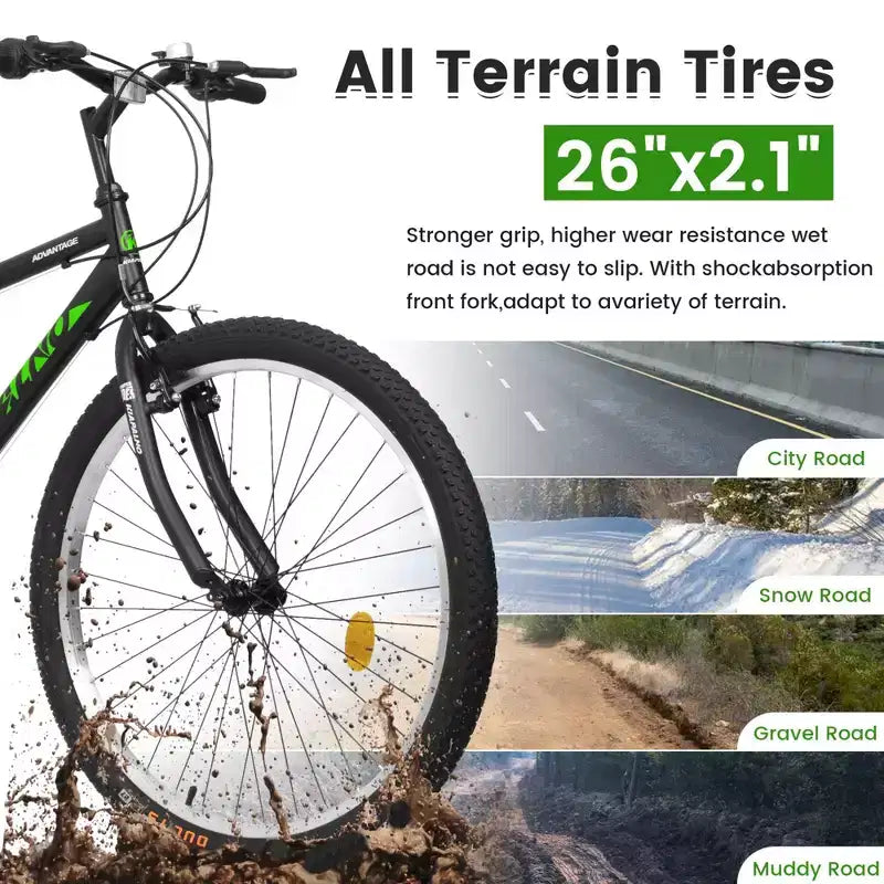 Bicicletta da montagna NAYSAYE da 26 pollici con telaio in acciaio al carbonio, 21 velocità, doppi freni a V per adulti e adolescenti per escursioni su sentiero, nero e verde, 69,57*27*39