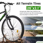 Bicicletta da montagna NAYSAYE da 26 pollici con telaio in acciaio al carbonio, 21 velocità, doppi freni a V per adulti e adolescenti per escursioni su sentiero, nero e verde, 69,57*27*39