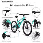 NAYSAYE Bicicletta Mountain Bike da 26 Pollici con Telaio in Acciaio Forcella Ammortizzata 21 Velocità per Uomini e Donne, Blu, 68*27*38