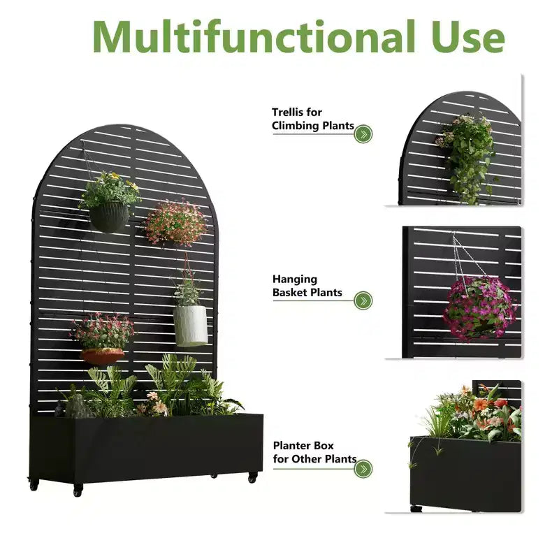 MAYEERTY Planter Box with Trellis Iron Black Arch Louvered Classic Style 72x35x16in 3-Piece Set