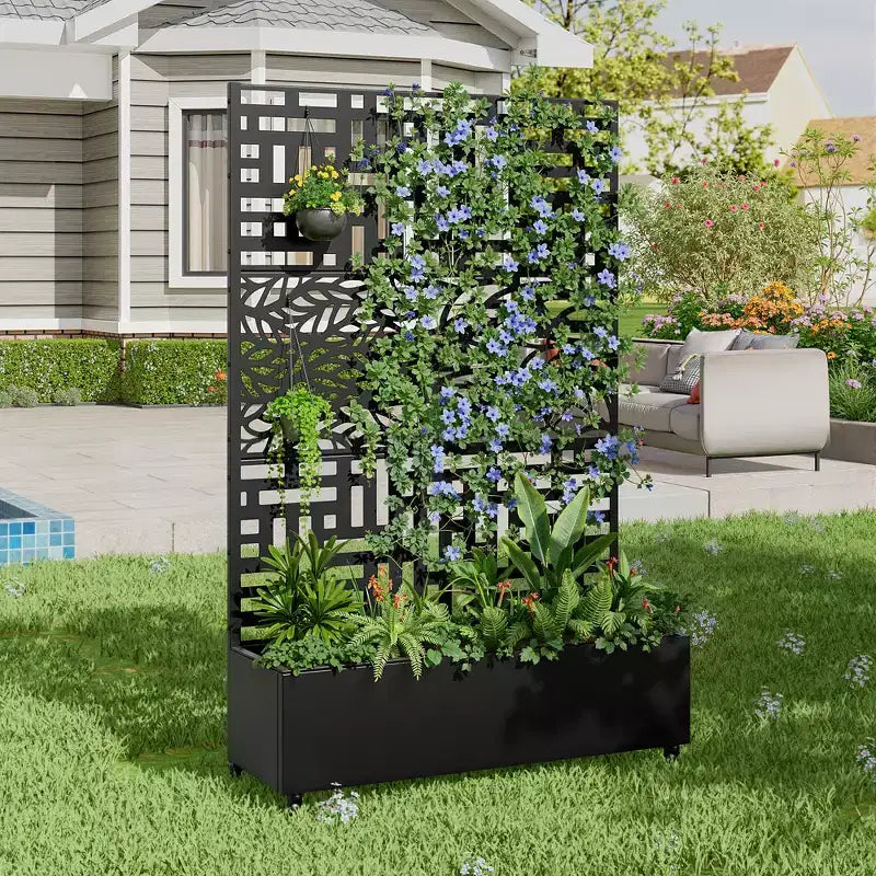 MAYEERTY Planter Box with Trellis Iron Black Helen Street 01 Gerald Wide Edge Street Combined Style 72x47x16in 3-Piece Set