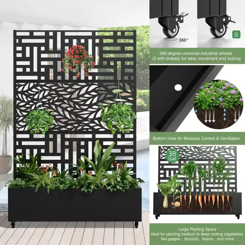 MAYEERTY Planter Box with Trellis Iron Black Helen Street 01 Gerald Wide Edge Street Combined Style 72x47x16in 3-Piece Set
