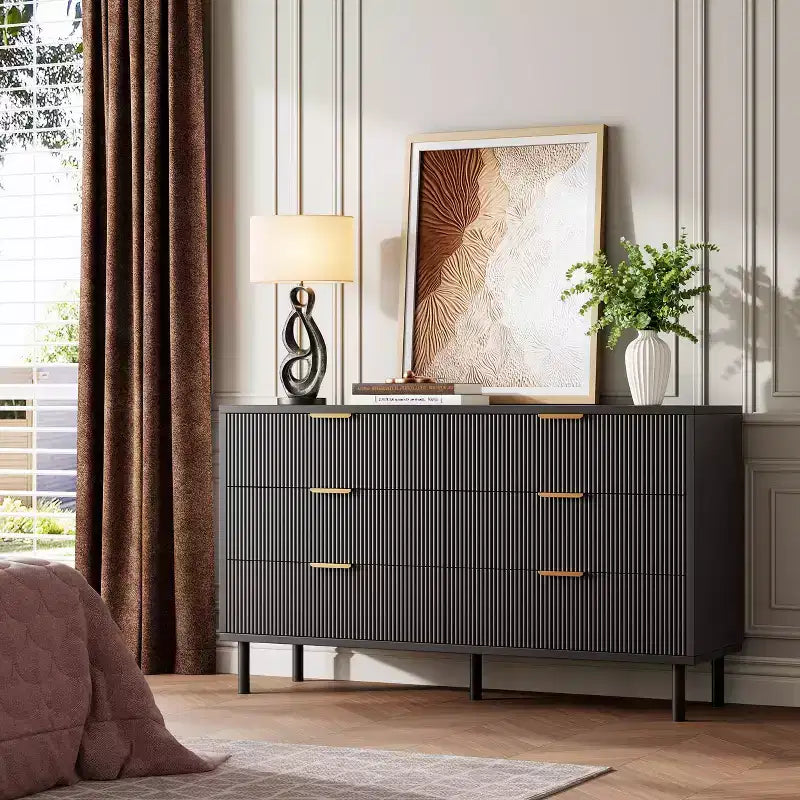 55 6 Drawer Dresser, Wave Fluted Dresser with Anti-Tipping Device, Large Wood Nightstand with Storage and Metal Legs