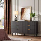 55 6 Drawer Dresser, Wave Fluted Dresser with Anti-Tipping Device, Large Wood Nightstand with Storage and Metal Legs
