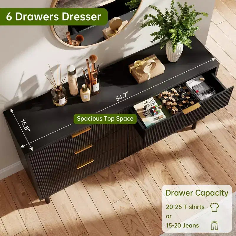 55 6 Drawer Dresser, Wave Fluted Dresser with Anti-Tipping Device, Large Wood Nightstand with Storage and Metal Legs