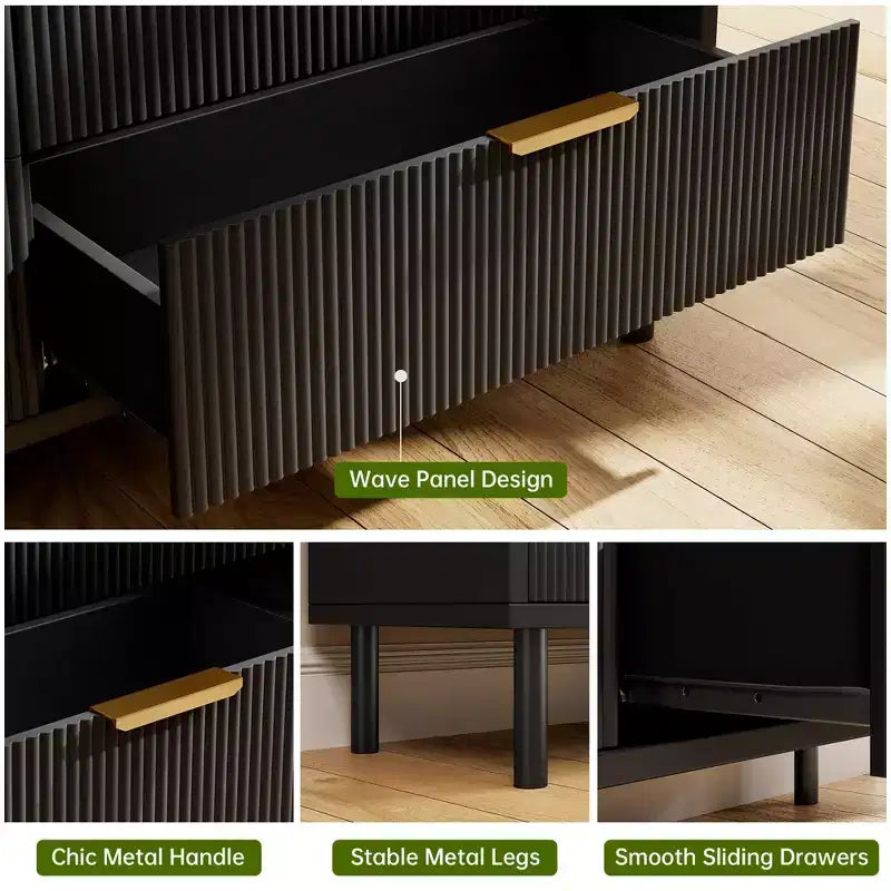 55 6 Drawer Dresser, Wave Fluted Dresser with Anti-Tipping Device, Large Wood Nightstand with Storage and Metal Legs