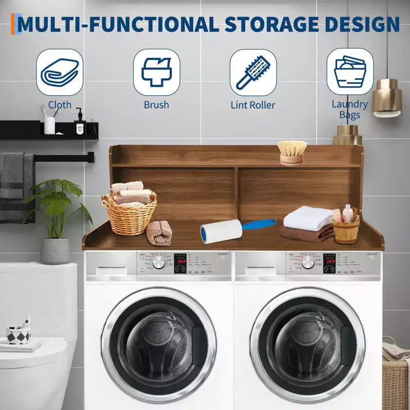 TROPOW 2-Tier Laundry Countertop (54x27.55x19.68), Washer/Dryer Cover with 2.75 Edge Rails&Anti-Slip Pads for Laundry Room Storage