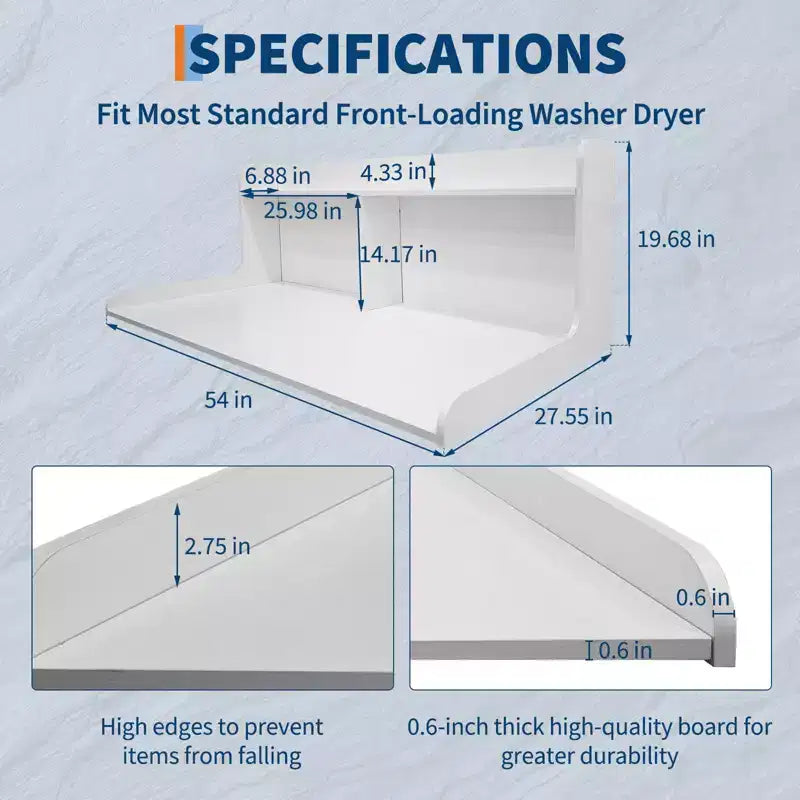 TROPOW 2-Tier Laundry Countertop (54x27.55x19.68), Washer/Dryer Cover with 2.75 Edge Rails&Anti-Slip Pads for Laundry Room Storage