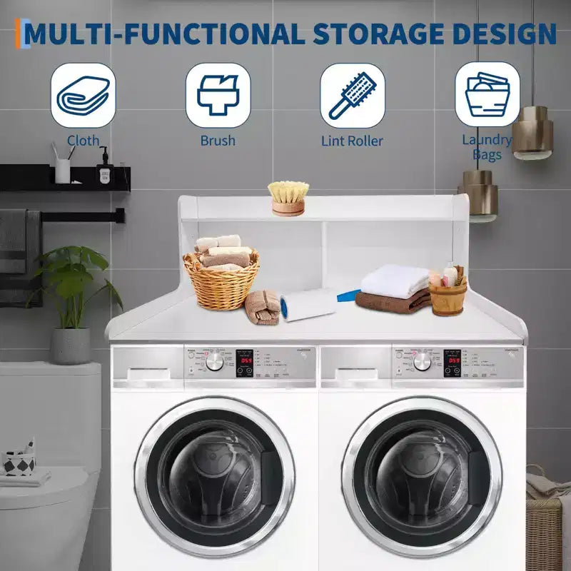 TROPOW 2-Tier Laundry Countertop (54x27.55x19.68), Washer/Dryer Cover with 2.75 Edge Rails&Anti-Slip Pads for Laundry Room Storage