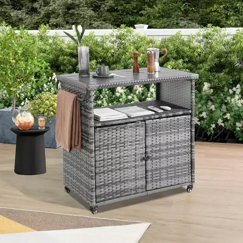 NAYSAYE Bar Serving Cart Outdoor Wicker Wine and Beverage Counter with Glass Top for Patio , Gray, 35.2*20.6*34.2