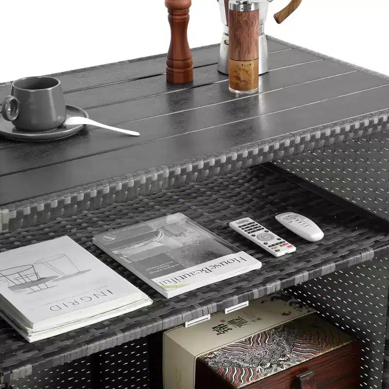 NAYSAYE Bar Serving Cart Outdoor Wicker Wine and Beverage Counter with Glass Top for Patio , Gray, 35.2*20.6*34.2